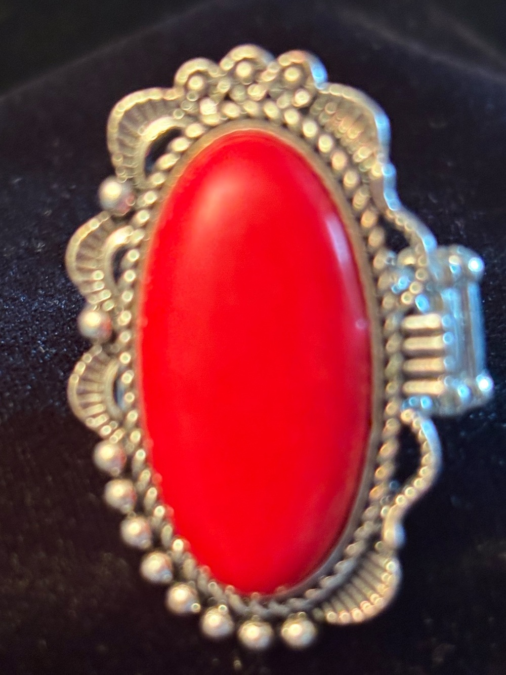 Bold Red Oval Statement Ring with Ornate Silver Filigree - Women Jewelry
